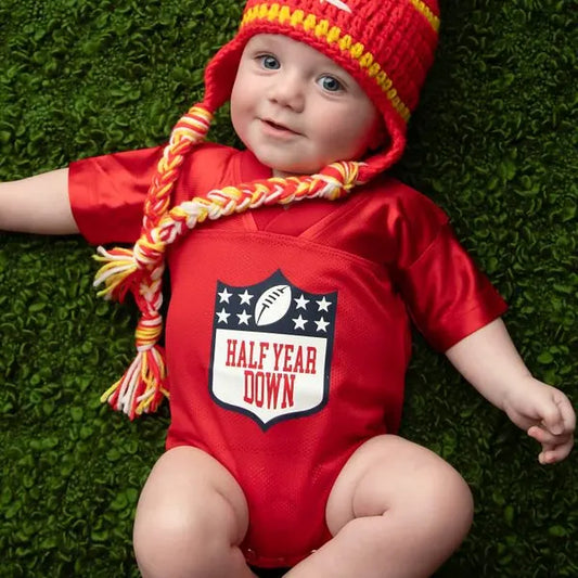 Custom Half Year Down Birthday 6 Month Football Baby Bodysuit Onesie Jersey