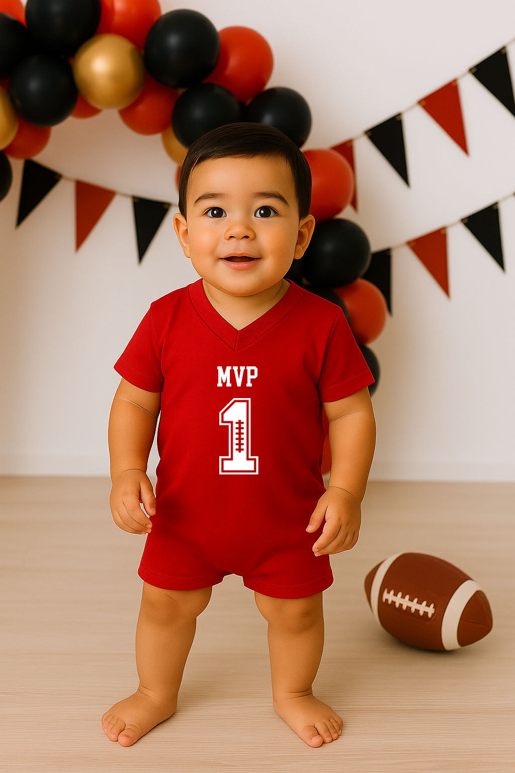 Customized Football MVP First Birthday Romper Jersey