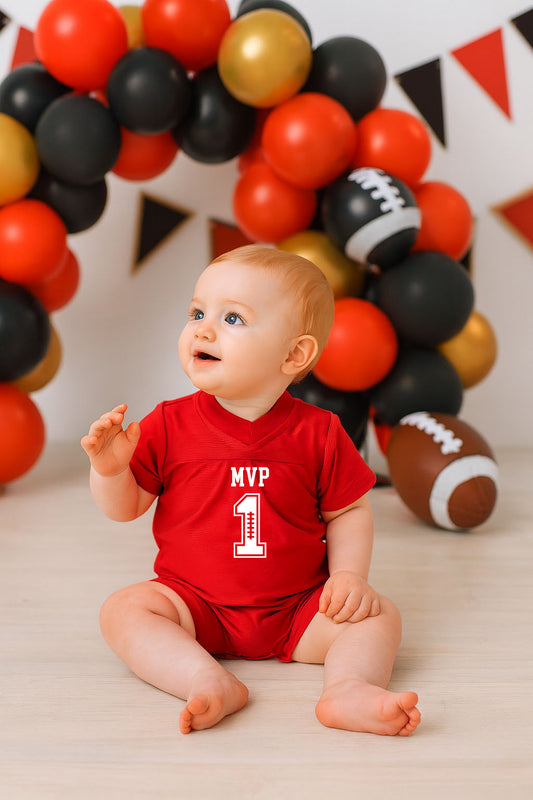 Customized Football MVP First Birthday Romper Jersey